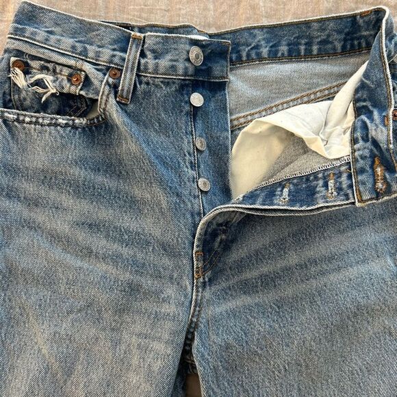 REDONE Originals Low Slung Crop Original Rigid Distressed Button Fly Blue Sz 26 - Picture 5 of 8